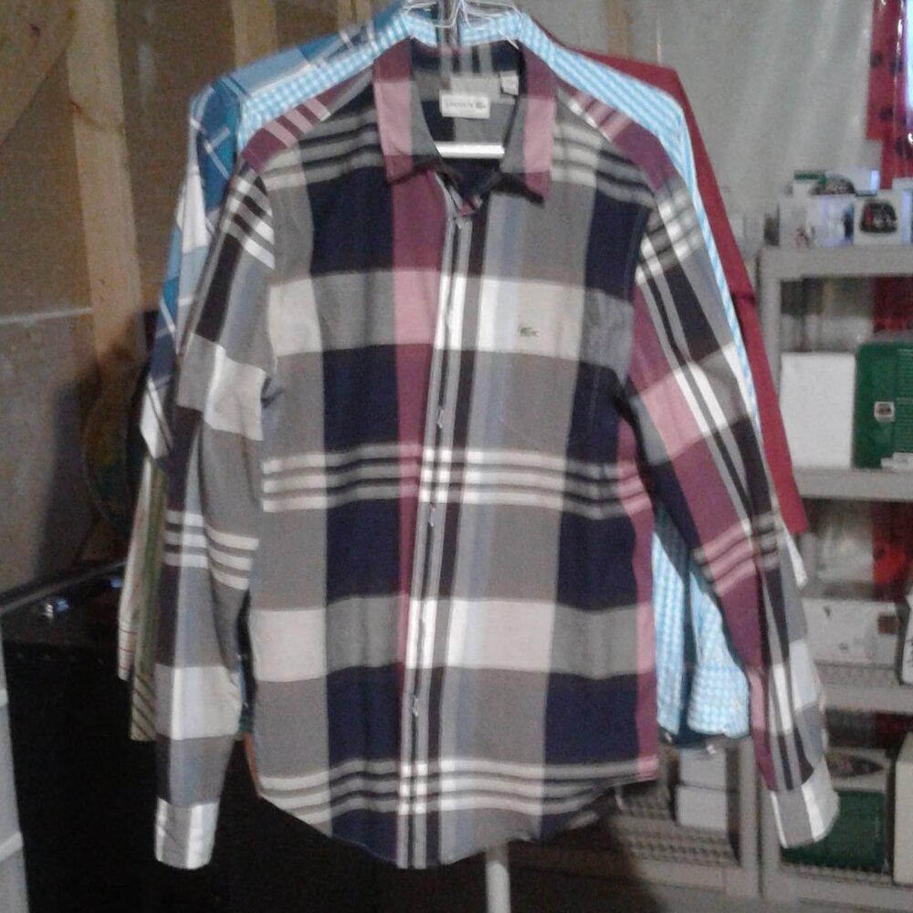 men's Lacoste long sleeve burgundy and black plaid shirt large